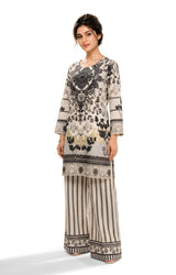 Ivory and black monochrome printed 2-piece suit, front view