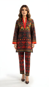 Red and black folk printed 2-piece suit, profile view
