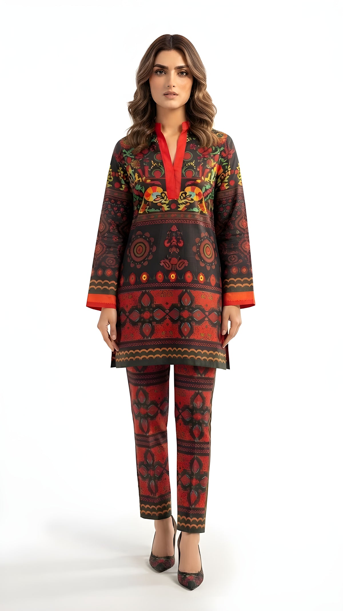 Red and black folk printed 2-piece suit, profile view