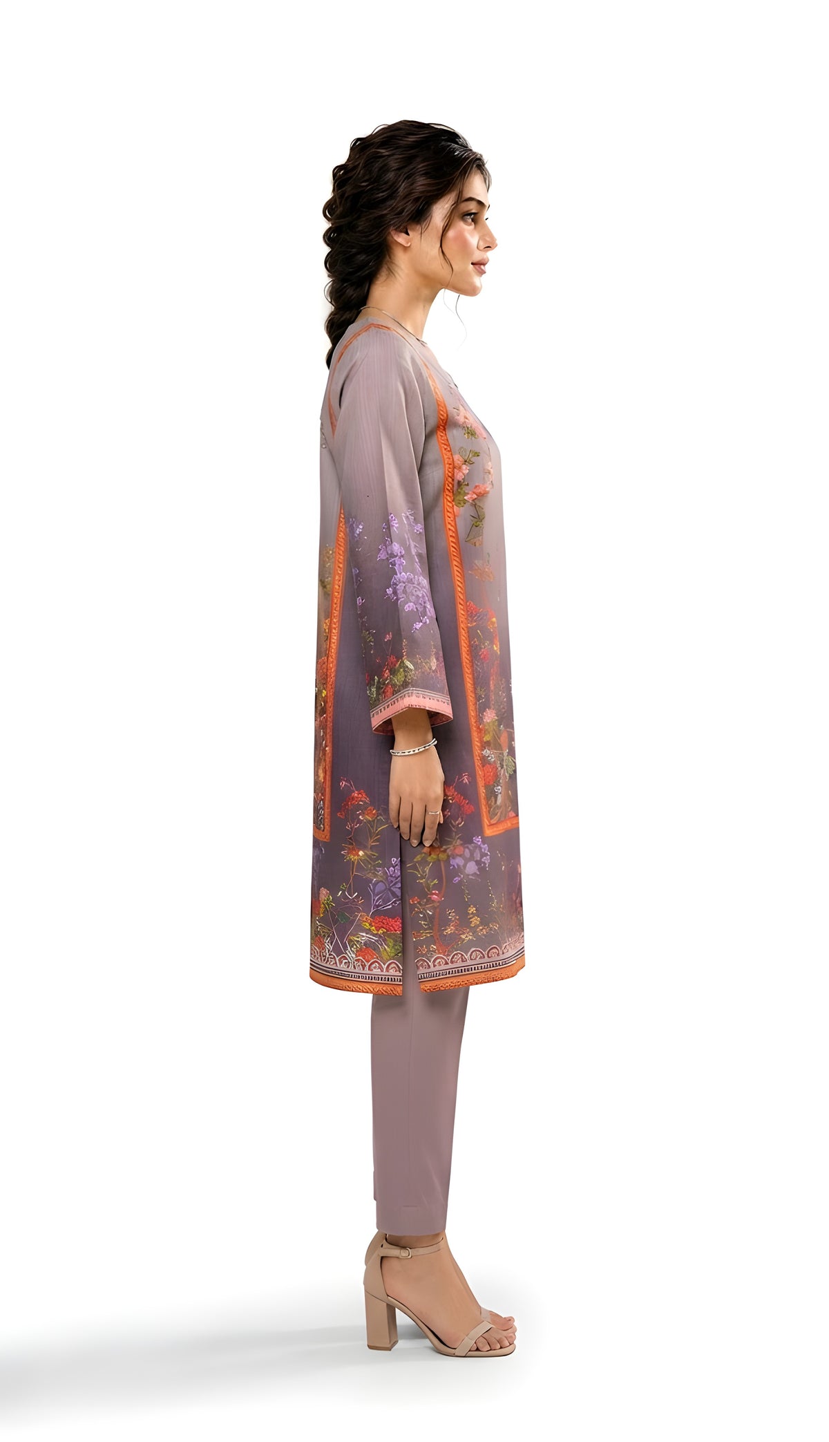 Lilac garden printed 2-piece suit, profile view