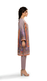Lilac garden printed 2-piece suit, profile view