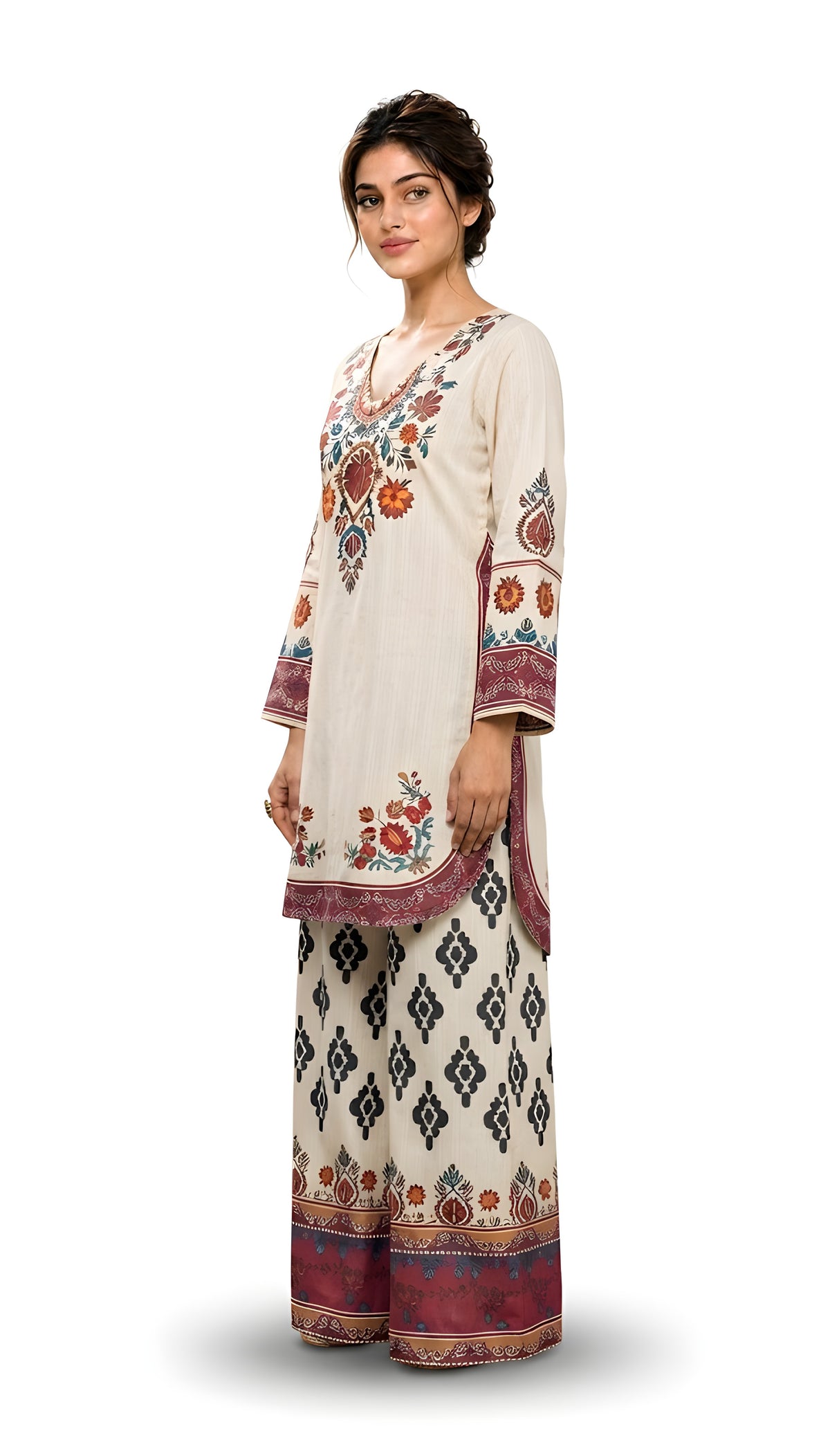 Side view of ivory printed 2-piece suit