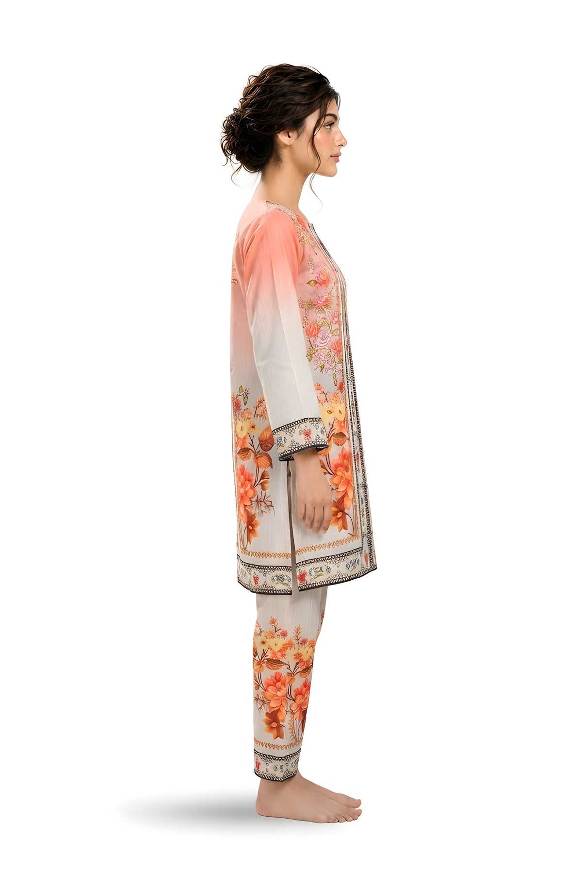 Coral ombre floral printed 2-piece suit, side view