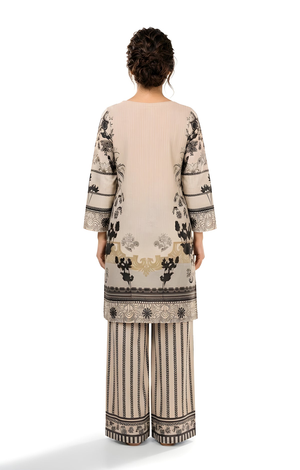 Ivory and black monochrome printed 2-piece suit, back view