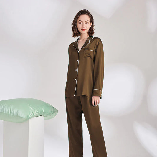 PLAIN SILK NIGHT SUIT - BROWN