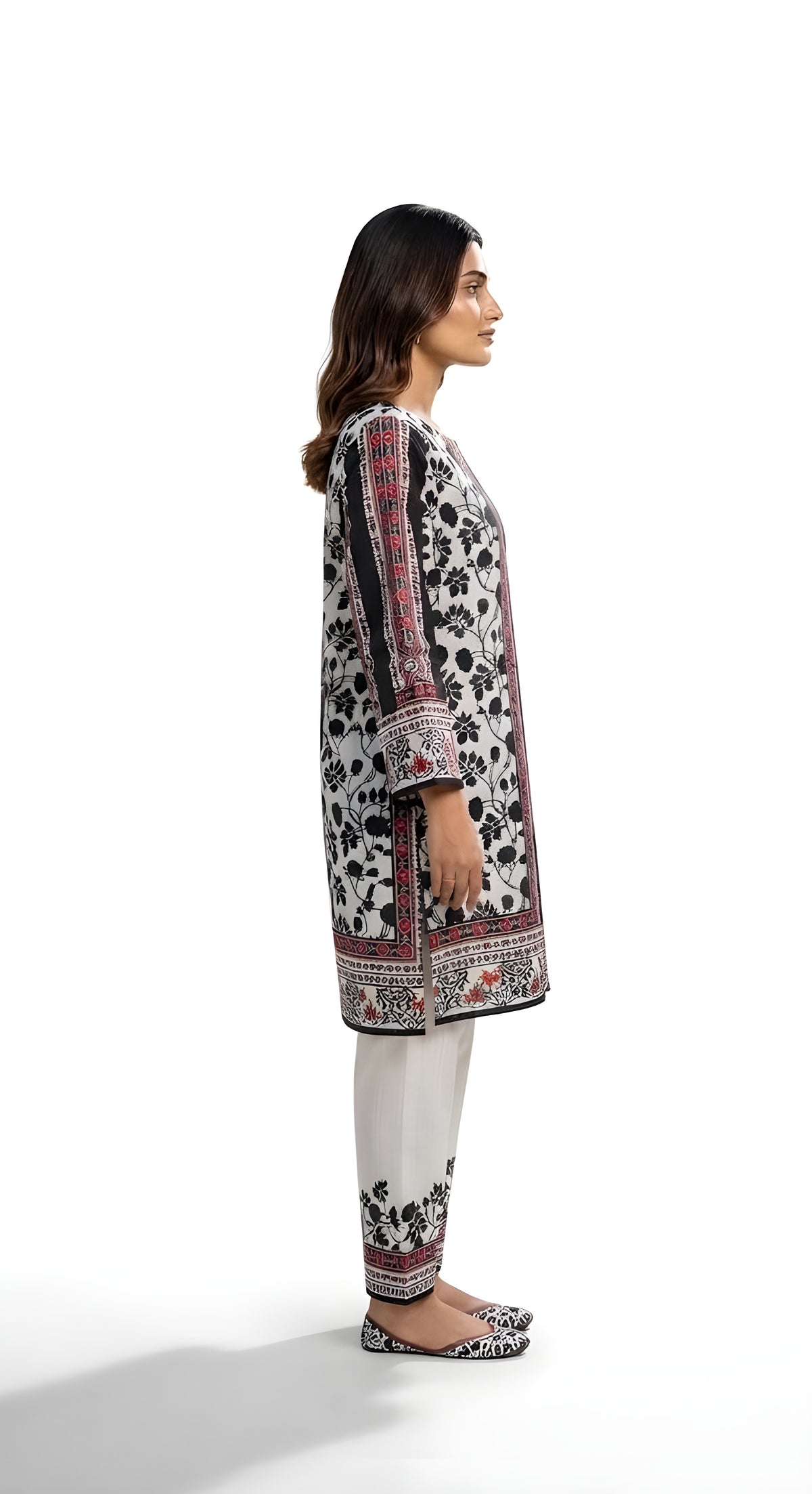 Black and white floral printed 2-piece suit, front view