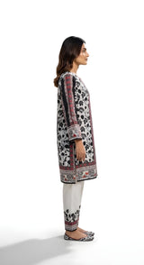 Black and white floral printed 2-piece suit, front view