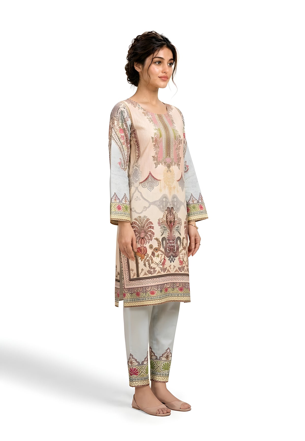 Peach paisley printed 2-piece suit, side view