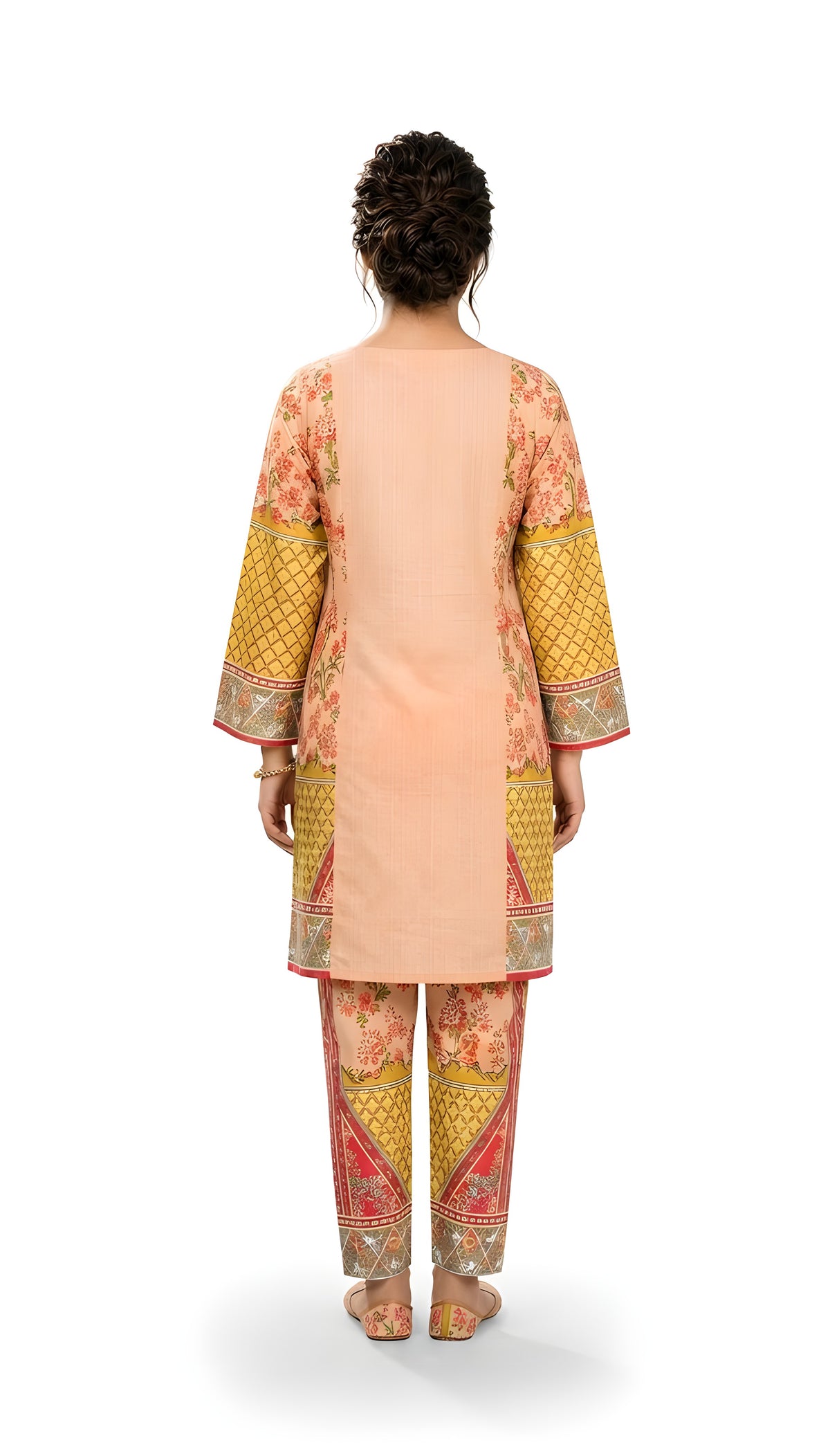 Peach and mustard floral printed 2-piece suit, back view
