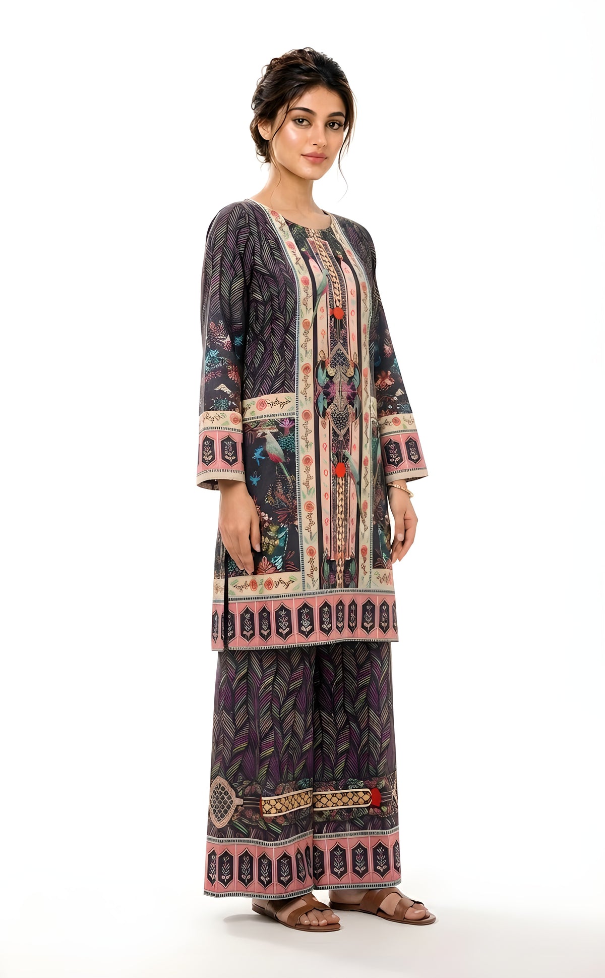 Charcoal bird and floral printed 2-piece suit, angled view