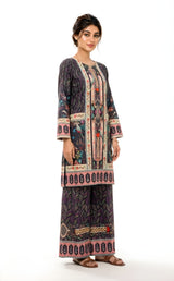 Charcoal bird and floral printed 2-piece suit, angled view