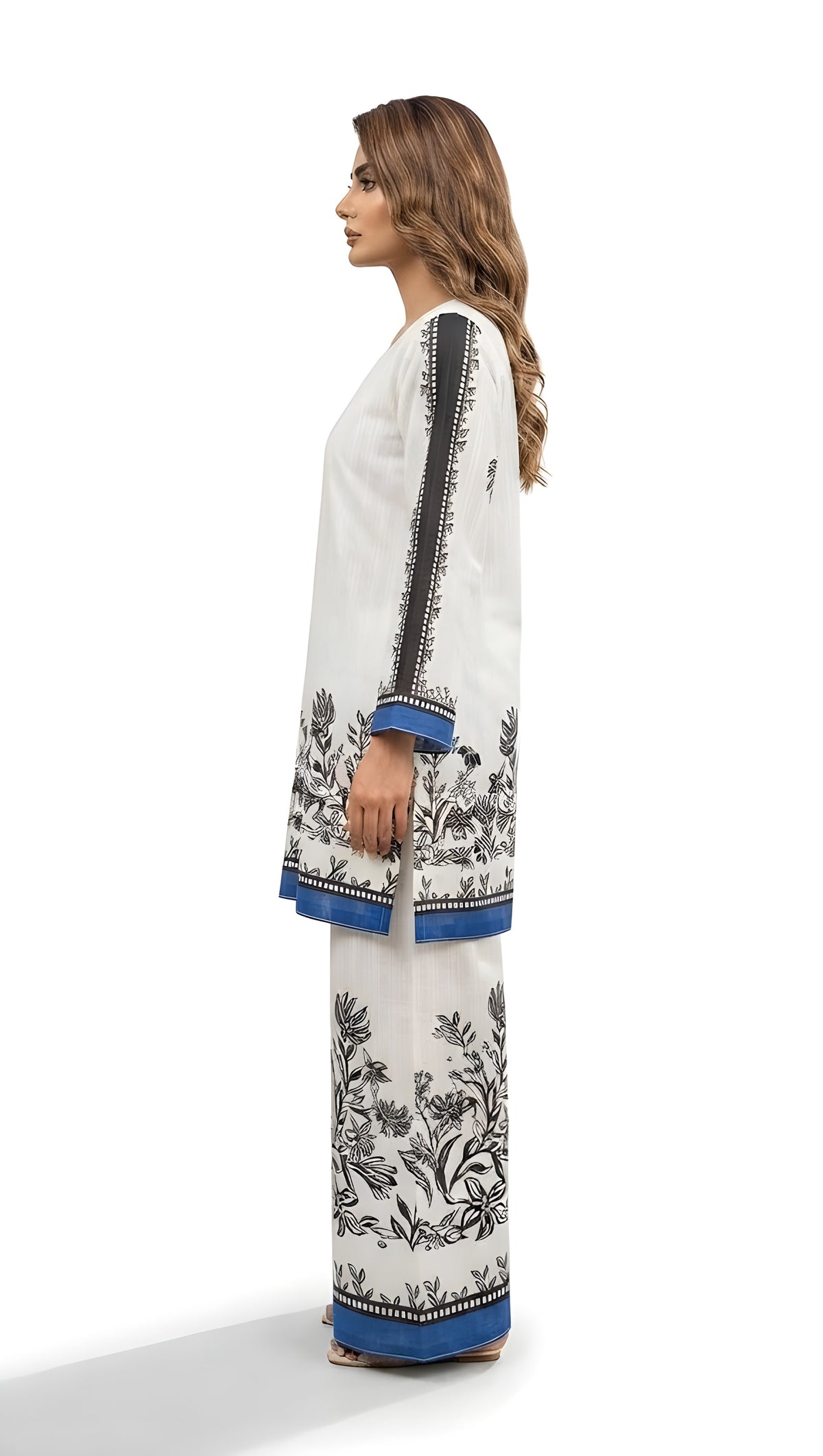White and blue floral printed 2-piece suit with palazzo, front view