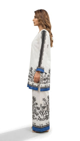 White and blue floral printed 2-piece suit with palazzo, front view
