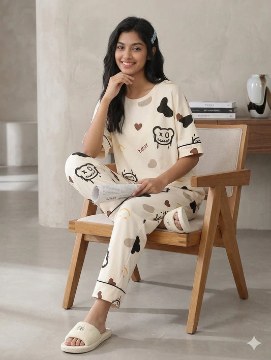 CREAM BEAR - FULL SLEEVES PJ SUIT FOR WOMEN