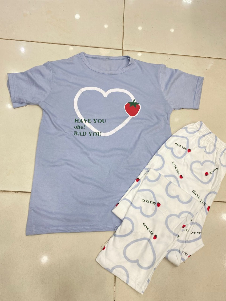 STRAW BERRY HEART SKY BLUE  ZIPWEAR PJ SUIT FOR WOMEN P-11