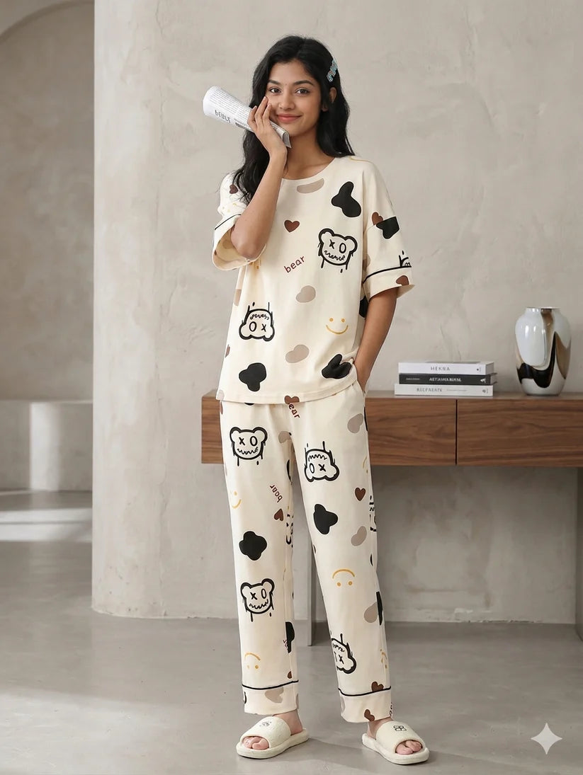 CREAM BEAR - FULL SLEEVES PJ SUIT FOR WOMEN