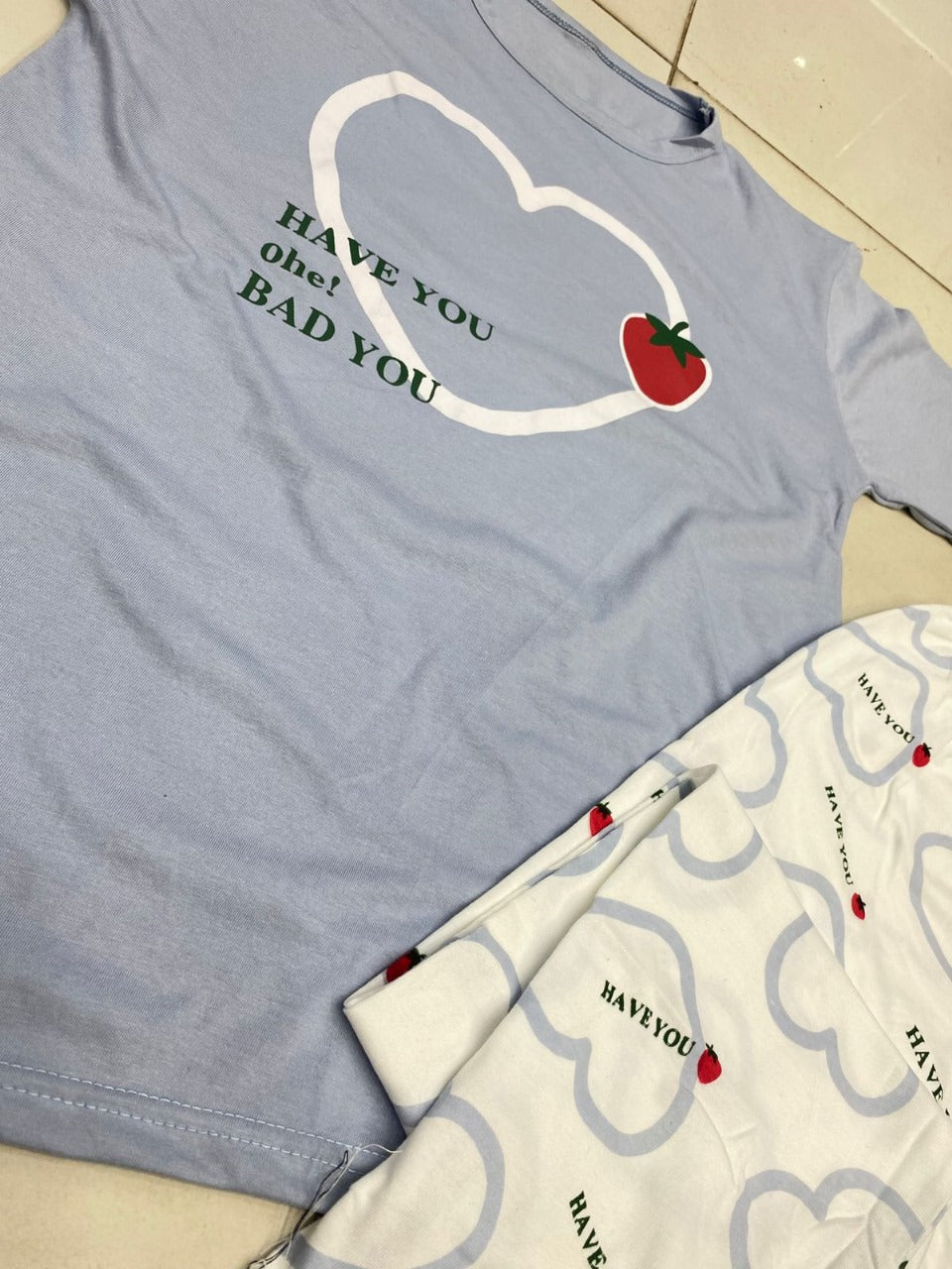 STRAW BERRY HEART SKY BLUE  ZIPWEAR PJ SUIT FOR WOMEN P-11
